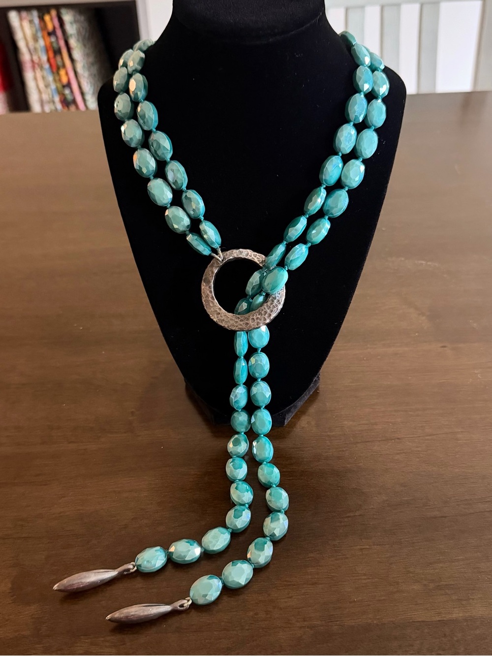 Turquoise Bead Lariat Necklace with Silver Ring Accent - Sterling Silver 0.925